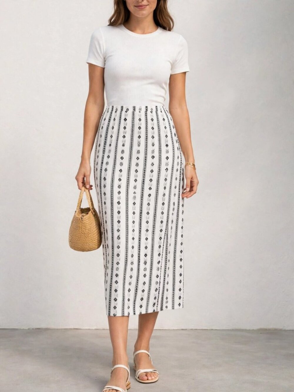 Black & White Geometric Midi Skirt Size S | Cotton Blend | High Waist Pencil Ski